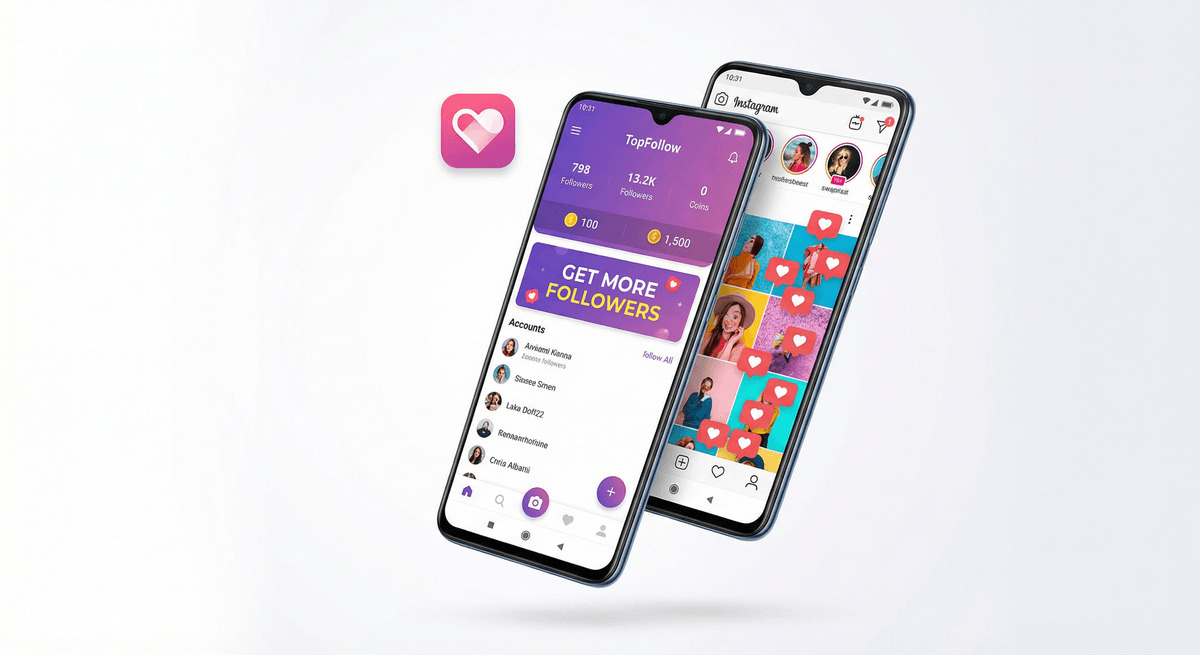 TopFollow APK dual phone mockup showing follower dashboard, coin balance and Instagram feed with heart likes