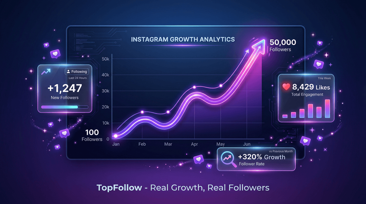 TopFollow APK Instagram growth analytics showing +1247 new followers, 8429 likes, and 320% growth